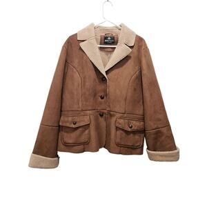 Dennis Basso Suede Coat Faux Shearling Beige Tan Plus 2x